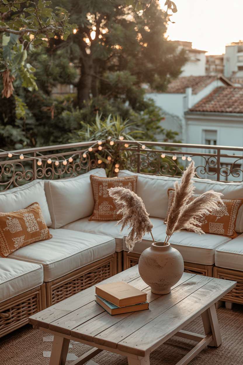 31 Boho Balcony Ideas to Create a Relaxing Outdoor Escape 26 Rattan sectional sofa with cream and terracotta cushions around weathered wooden coffee table with dried pampas grass