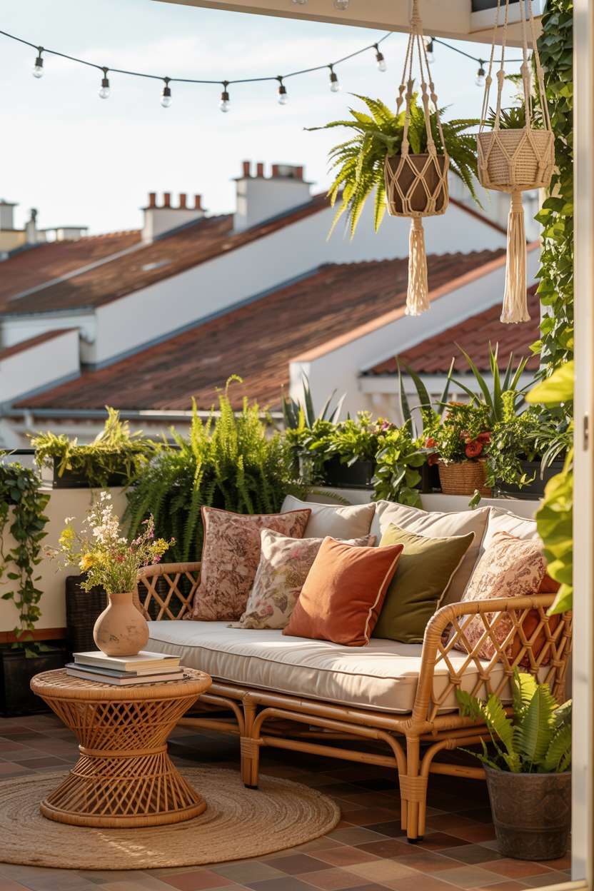 31 Boho Balcony Ideas to Create a Relaxing Outdoor Escape 27 Rattan daybed with cream, terracotta and olive cushions surrounded by hanging macrame planters with ivy and ferns