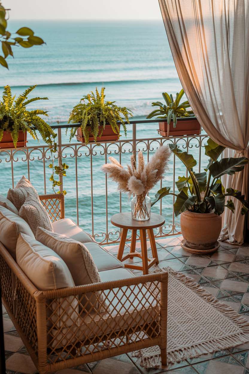 31 Boho Balcony Ideas to Create a Relaxing Outdoor Escape 28 Woven rattan sofa with cream cushions and macrame throw overlooking turquoise ocean with potted plants and patterned tiles