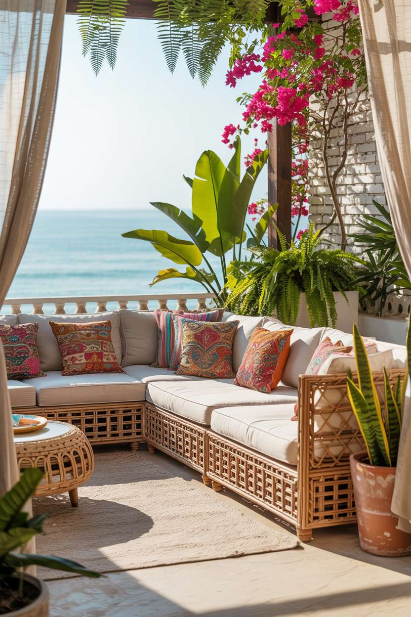 31 Boho Balcony Ideas to Create a Relaxing Outdoor Escape 29 Large woven rattan sectional with colorful patterned pillows and cream rug overlooking turquoise ocean with lush plants