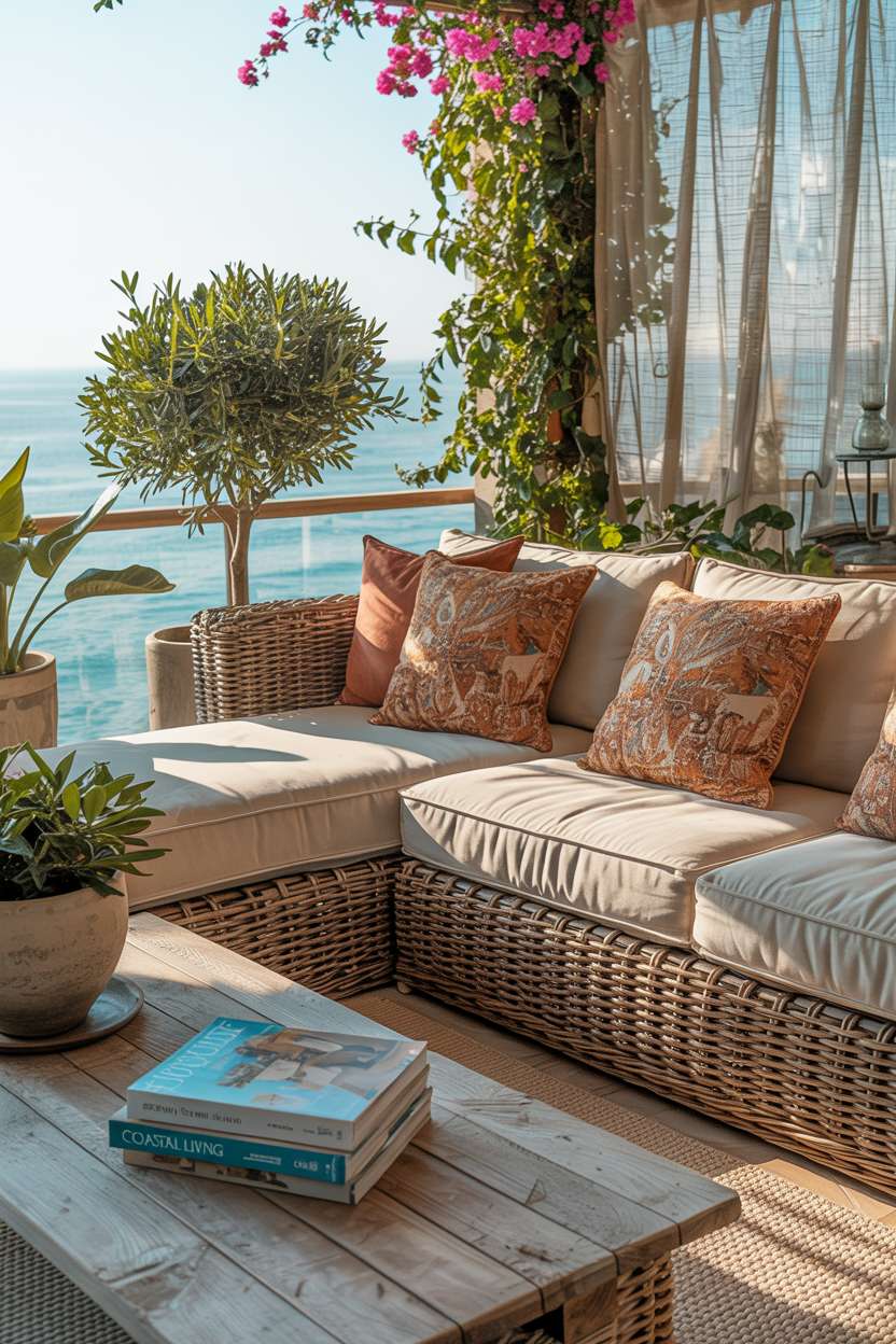 31 Boho Balcony Ideas to Create a Relaxing Outdoor Escape 30 Large rattan sectional with patterned cushions around distressed wooden coffee table with olive trees and bougainvillea