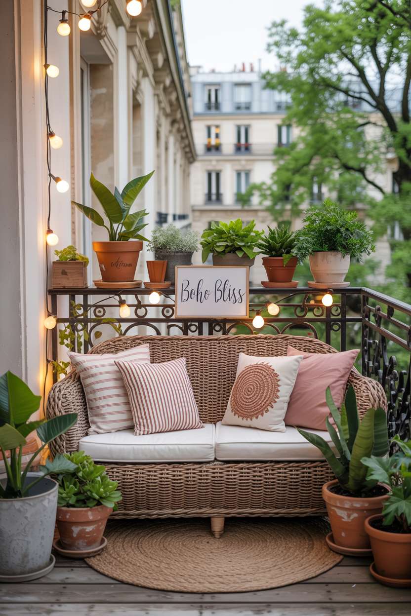 31 Boho Balcony Ideas to Create a Relaxing Outdoor Escape 31 Woven rattan sofa with patterned cushions surrounded by potted plants in ceramic containers with fairy lights and Parisian building backdrop