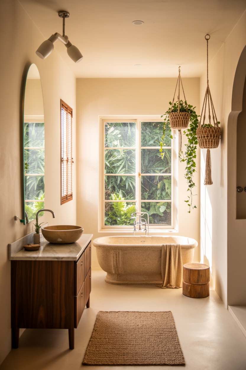 27 Beautiful Boho Bathroom Decor Ideas to Upgrade Your Style 1 Spacious boho bathroom with freestanding stone bathtub, walnut vanity, and macrame planters by garden window