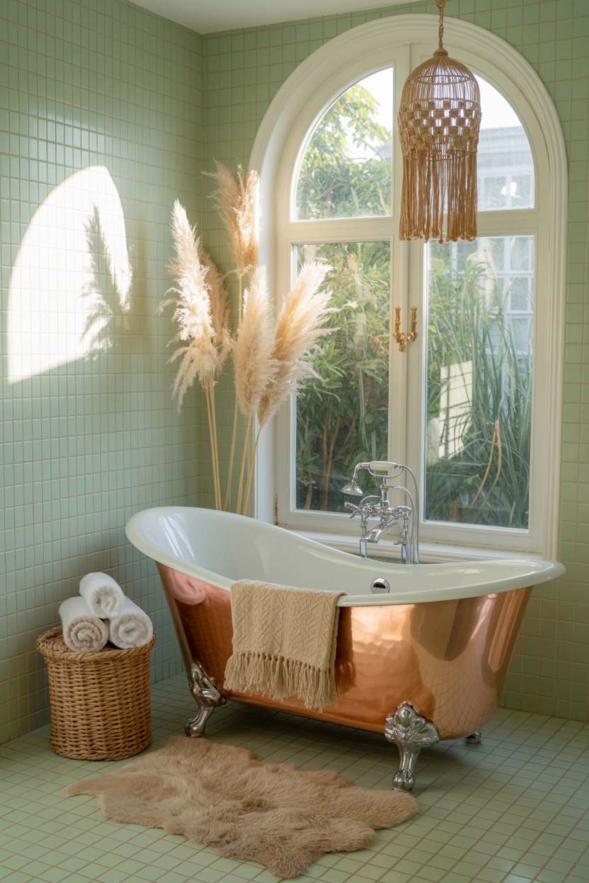 27 Beautiful Boho Bathroom Decor Ideas to Upgrade Your Style 2 Boho bathroom featuring copper clawfoot tub, pampas grass, and pale green tiles with garden view