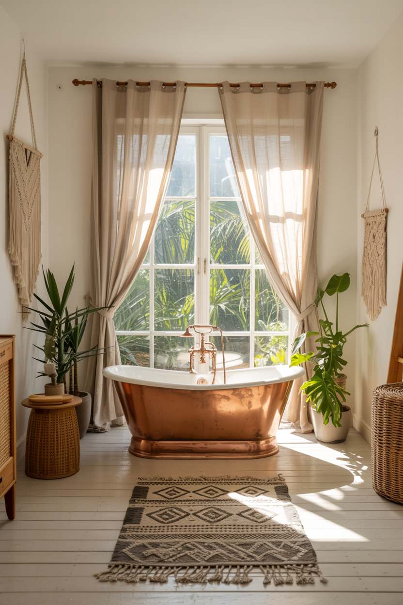 27 Beautiful Boho Bathroom Decor Ideas to Upgrade Your Style 3 Boho bathroom with copper tub, geometric woven rug, and macrame wall hangings near window