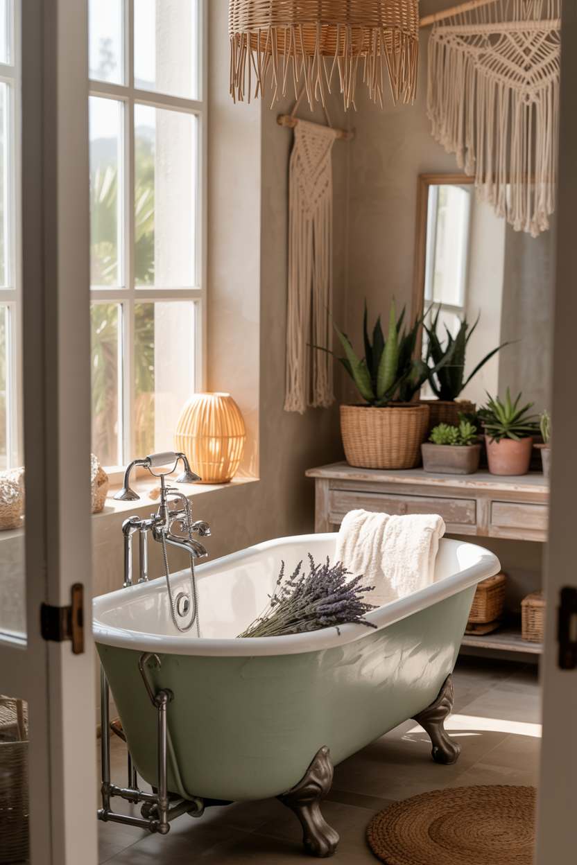 27 Beautiful Boho Bathroom Decor Ideas to Upgrade Your Style 4 Sage green clawfoot bathtub with lavender sprigs, succulents, and rattan accents in natural light