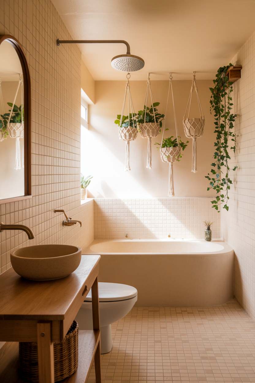 27 Beautiful Boho Bathroom Decor Ideas to Upgrade Your Style 5 Cream-tiled bathroom with trailing ivy macrame planters and brass fixtures
