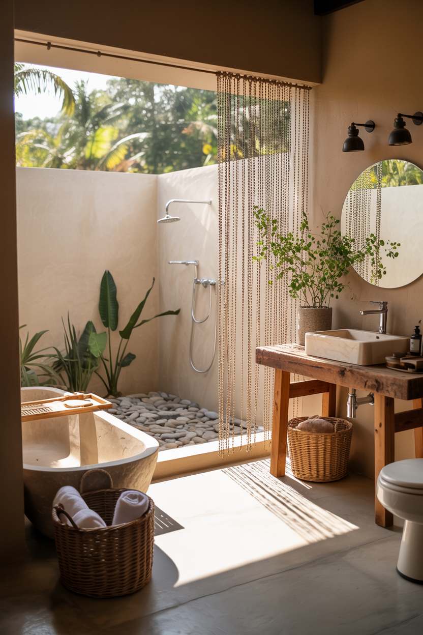 27 Beautiful Boho Bathroom Decor Ideas to Upgrade Your Style 7 Stone bathtub with woven baskets, beaded shower curtains, and river stones in plant-filled space