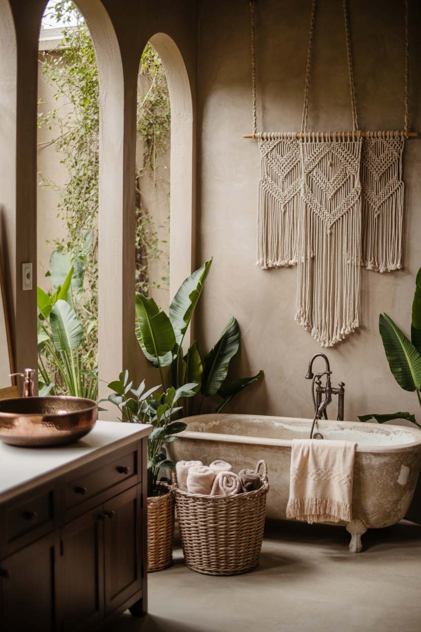 27 Beautiful Boho Bathroom Decor Ideas to Upgrade Your Style 9 Rustic bathtub with hammered copper sink, macrame hangings, and lush garden views