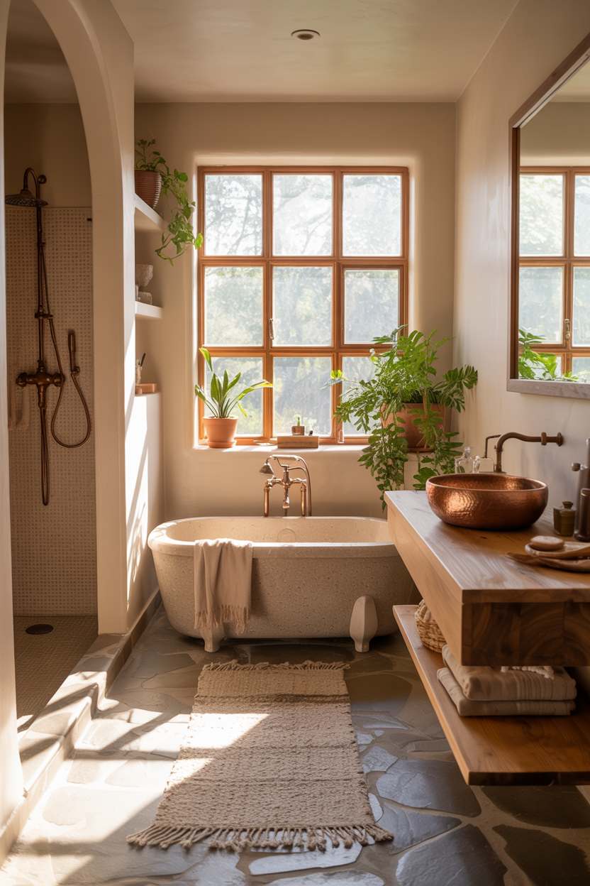 27 Beautiful Boho Bathroom Decor Ideas to Upgrade Your Style 10 Stone bathtub and floors with wooden vanity, copper sink, and abundant greenery