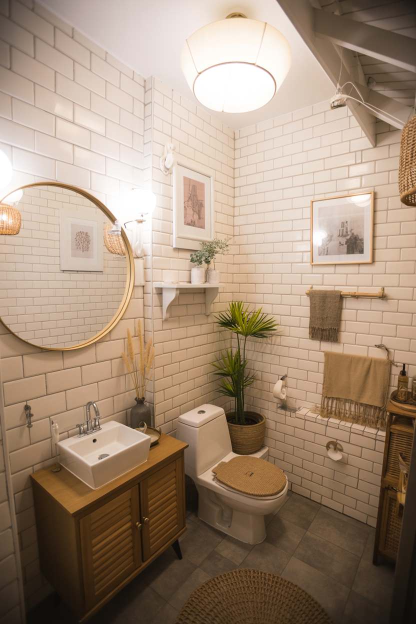 27 Beautiful Boho Bathroom Decor Ideas to Upgrade Your Style 11 White subway tile bathroom with wooden louvered vanity, gold mirror, and botanical artwork