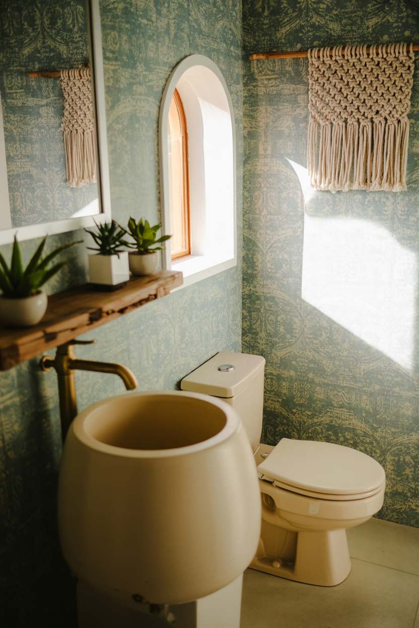 27 Beautiful Boho Bathroom Decor Ideas to Upgrade Your Style 12 Teal wallpaper powder room with vessel sink, brass faucet, and macrame wall hanging