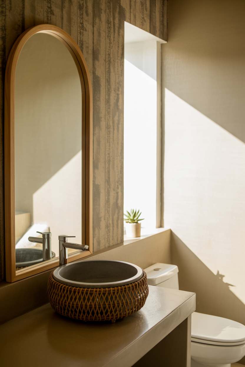 27 Beautiful Boho Bathroom Decor Ideas to Upgrade Your Style 13 Woven rattan sink with concrete top and natural wood mirror in muted earth tones