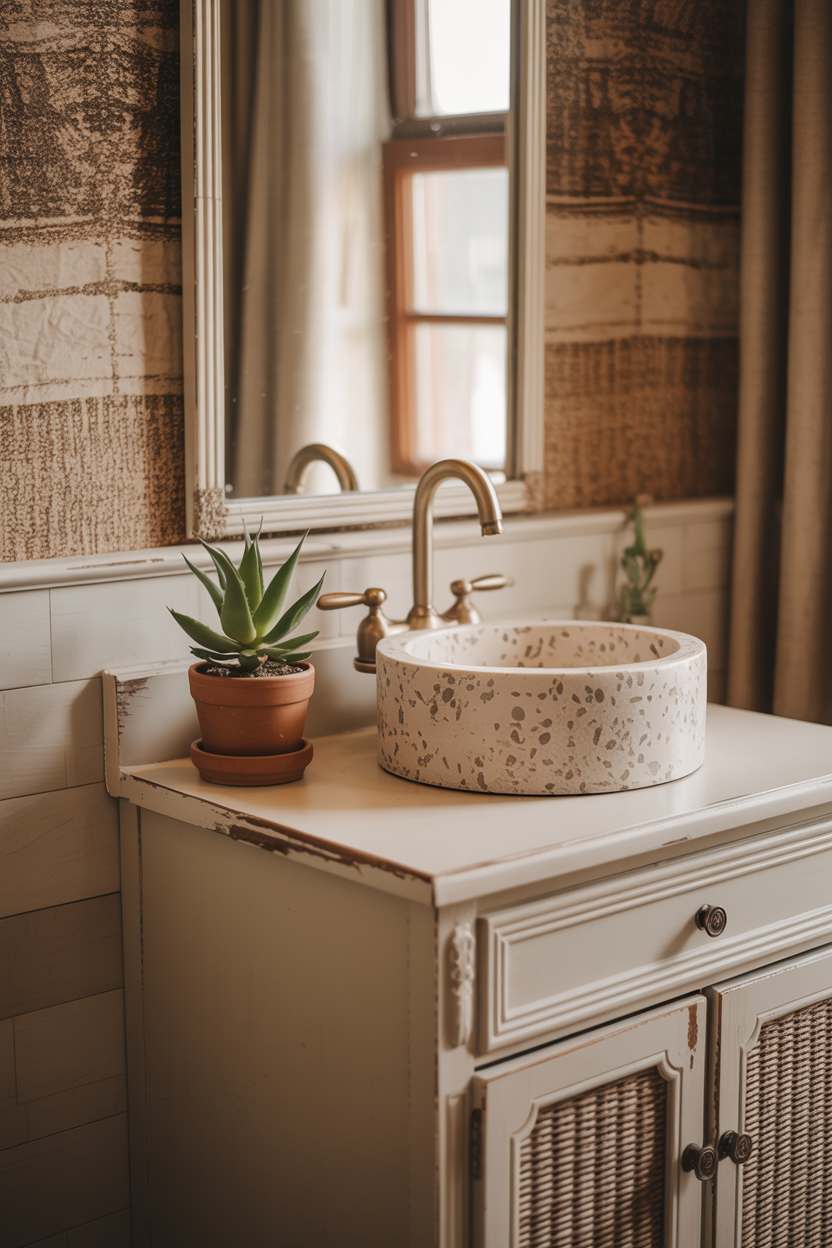 27 Beautiful Boho Bathroom Decor Ideas to Upgrade Your Style 14 Distressed white vanity with speckled stone sink and woven wallpaper in warm earth tones