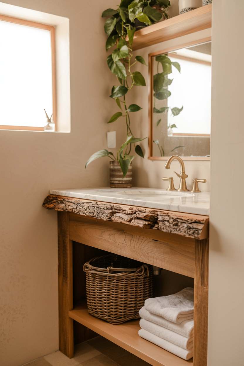 27 Beautiful Boho Bathroom Decor Ideas to Upgrade Your Style 15 Reclaimed wood vanity with live edge, marble top, and cascading pothos plant