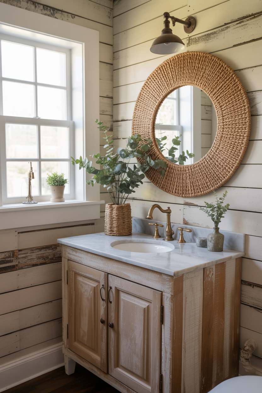 27 Beautiful Boho Bathroom Decor Ideas to Upgrade Your Style 17 Reclaimed wood vanity against shiplap walls with marble top and eucalyptus plants