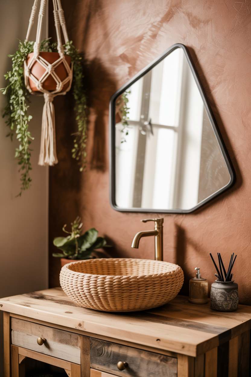 27 Beautiful Boho Bathroom Decor Ideas to Upgrade Your Style 18 Round woven clay sink on reclaimed wood vanity with geometric mirror and terracotta wallpaper