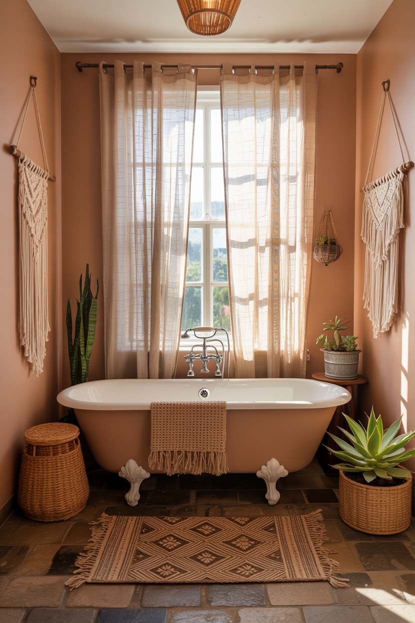 27 Beautiful Boho Bathroom Decor Ideas to Upgrade Your Style 19 Clawfoot tub with terracotta walls, macrame hangings, and a geometric rug under a large window
