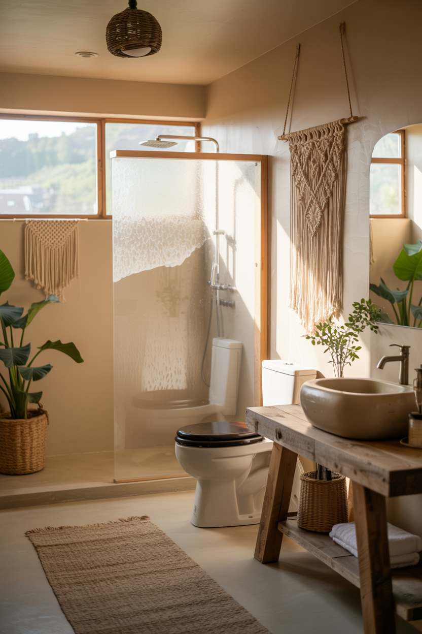27 Beautiful Boho Bathroom Decor Ideas to Upgrade Your Style 21 Modern dark wood toilet seat with walk-in shower, rainfall head, and woven bathroom accessories