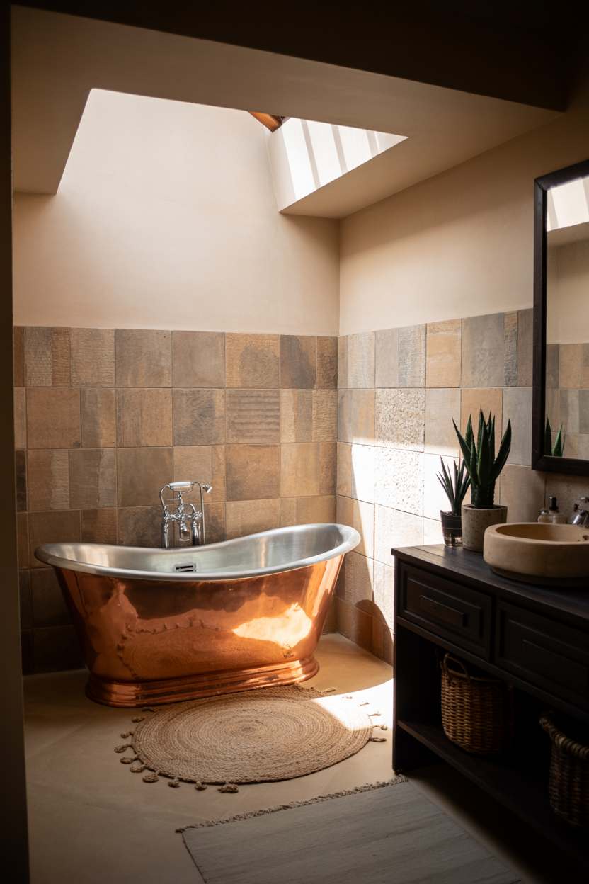 27 Beautiful Boho Bathroom Decor Ideas to Upgrade Your Style 22 Copper bathtub with textured tile walls and skylight illumination in neutral boho space