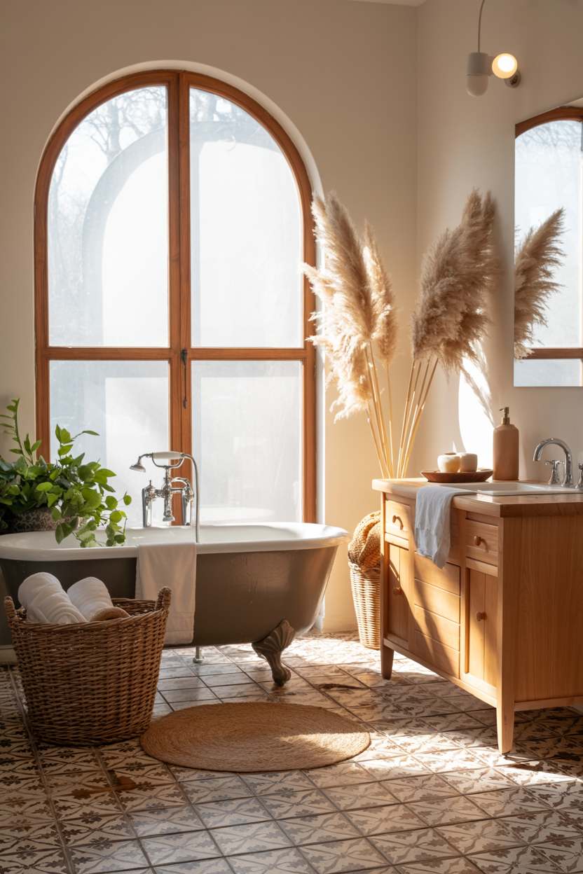 27 Beautiful Boho Bathroom Decor Ideas to Upgrade Your Style 23 Clawfoot tub with Moroccan patterned floor tiles, arched window, and pampas grass decor