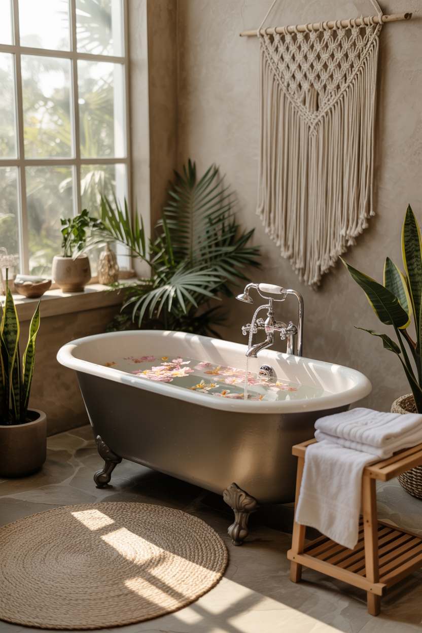 27 Beautiful Boho Bathroom Decor Ideas to Upgrade Your Style 24 Clawfoot tub with flower petals and bubbles, surrounded by macrame and stone flooring