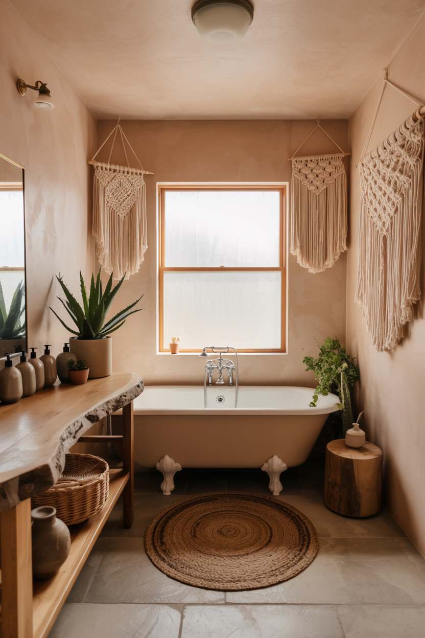 27 Beautiful Boho Bathroom Decor Ideas to Upgrade Your Style 26 Clawfoot tub with live-edge wood vanity, succulents, and vintage ceramic bottles