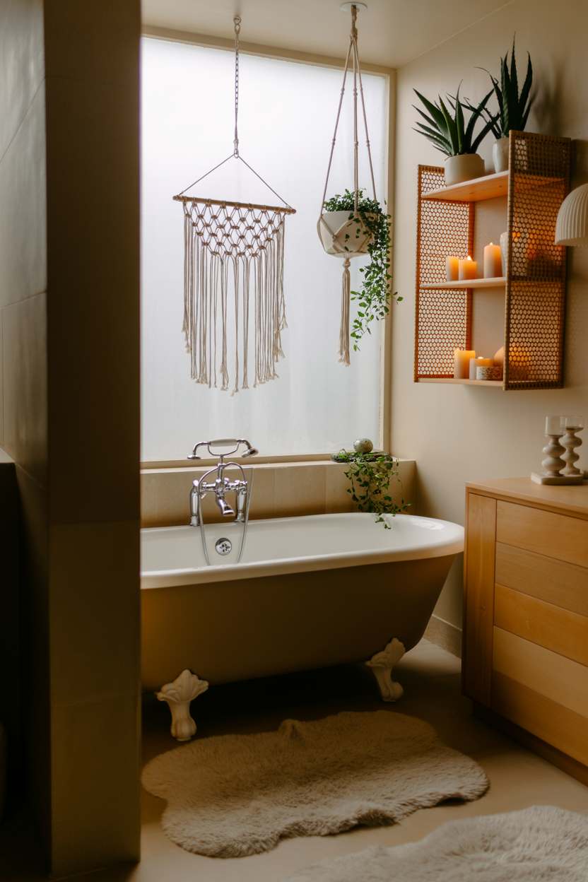 27 Beautiful Boho Bathroom Decor Ideas to Upgrade Your Style 27 Clawfoot tub with rattan shelves, macrame planters, and cream-colored bath mats
