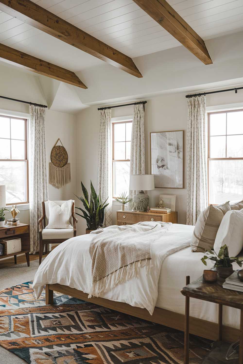 A boho bedroom with a stylish decor. The room has a wooden beam ceiling, white walls, and a patterned rug. There's a wooden bed with a white duvet and multiple pillows. Next to the bed, there's a wooden nightstand with a lamp and a decorative item. The room has a few pieces of furniture, including a chair, a plant, and a decorative item. The room has a few items of clothing. The room has a few windows with curtains.