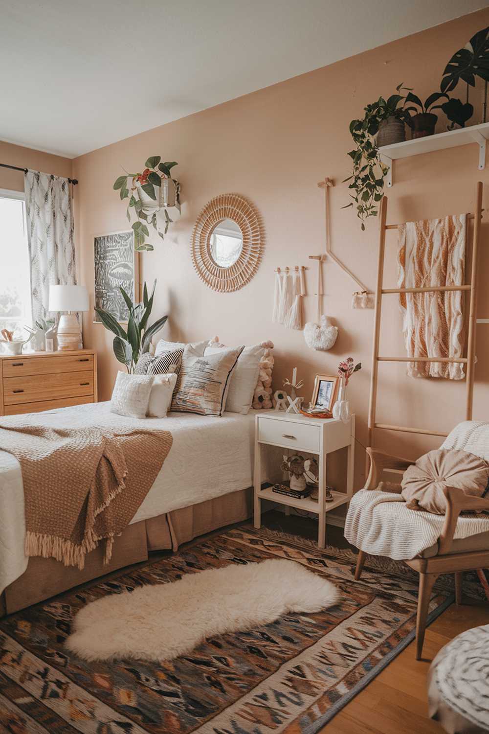 A boho bedroom decor. The room has a warm hue and is furnished with a queen bed, a nightstand, a dresser, and a chair. The walls are adorned with plants, a mirror, and a few pieces of art. The room contains a patterned rug, a fluffy white rug, and a few decorative pillows. There is a wooden ladder against one of the walls. The room has a few personal items, such as a lamp, a candle, and a photo frame.