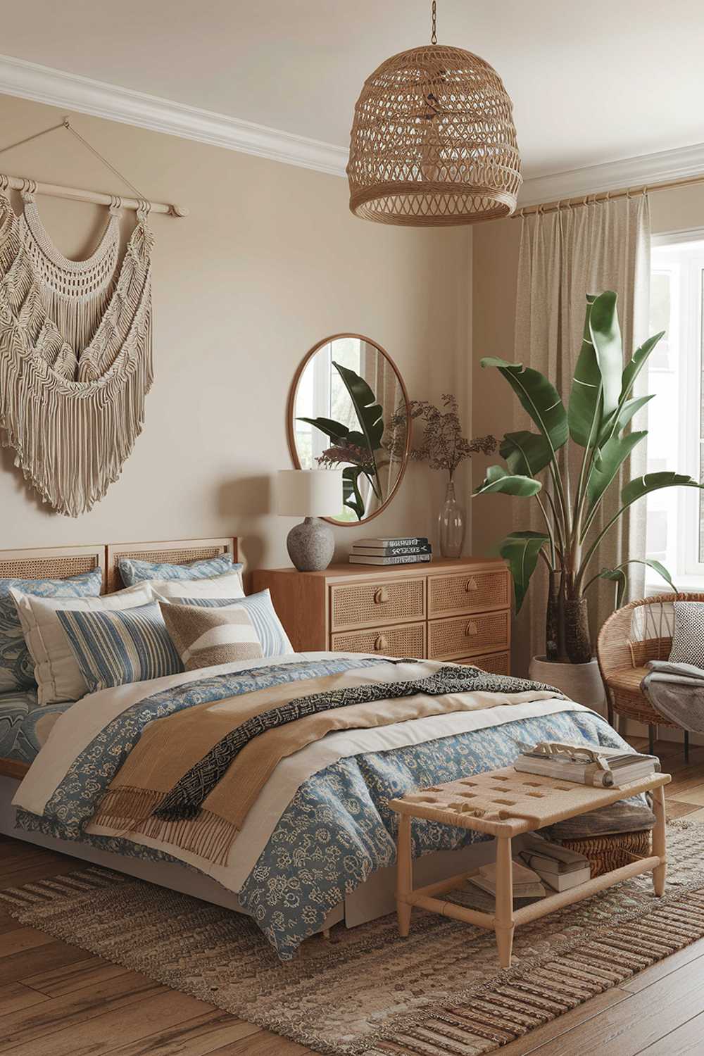 A boho bedroom decor. The room has a mix of textures and patterns, including a woven rug, a patterned duvet cover, and a macrame wall hanging. There is a wooden dresser with a mirror and a lamp. The walls are painted in a soft beige color. There is a large potted plant near the window. The room has wooden flooring.