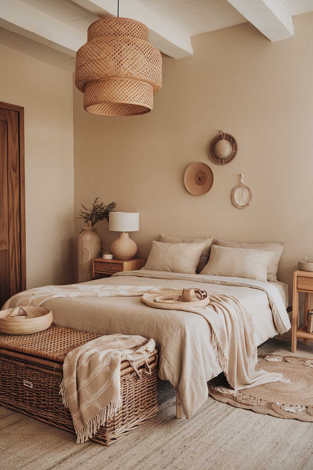 A boho bedroom decor. The room has a beige wall and a wooden floor. There's a large wicker basket at the foot of the bed. The bed has a beige duvet cover and two beige pillows. There's a beige throw blanket on the floor. There's a wooden nightstand next to the bed. It has a white lampshade and a beige dish. The room has a warm lighting.