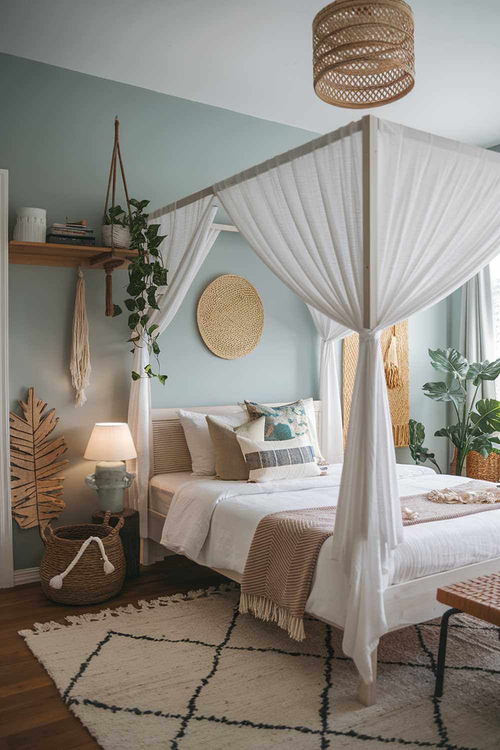 A boho bedroom decor. The room has a white wooden bed with a white curtain as a canopy. There are various decor items such as a wooden shelf with a lamp and a plant, a hanging plant, a woven basket, a rug, and a few pillows. The walls are painted in a light blue color. There is a door leading to another room.