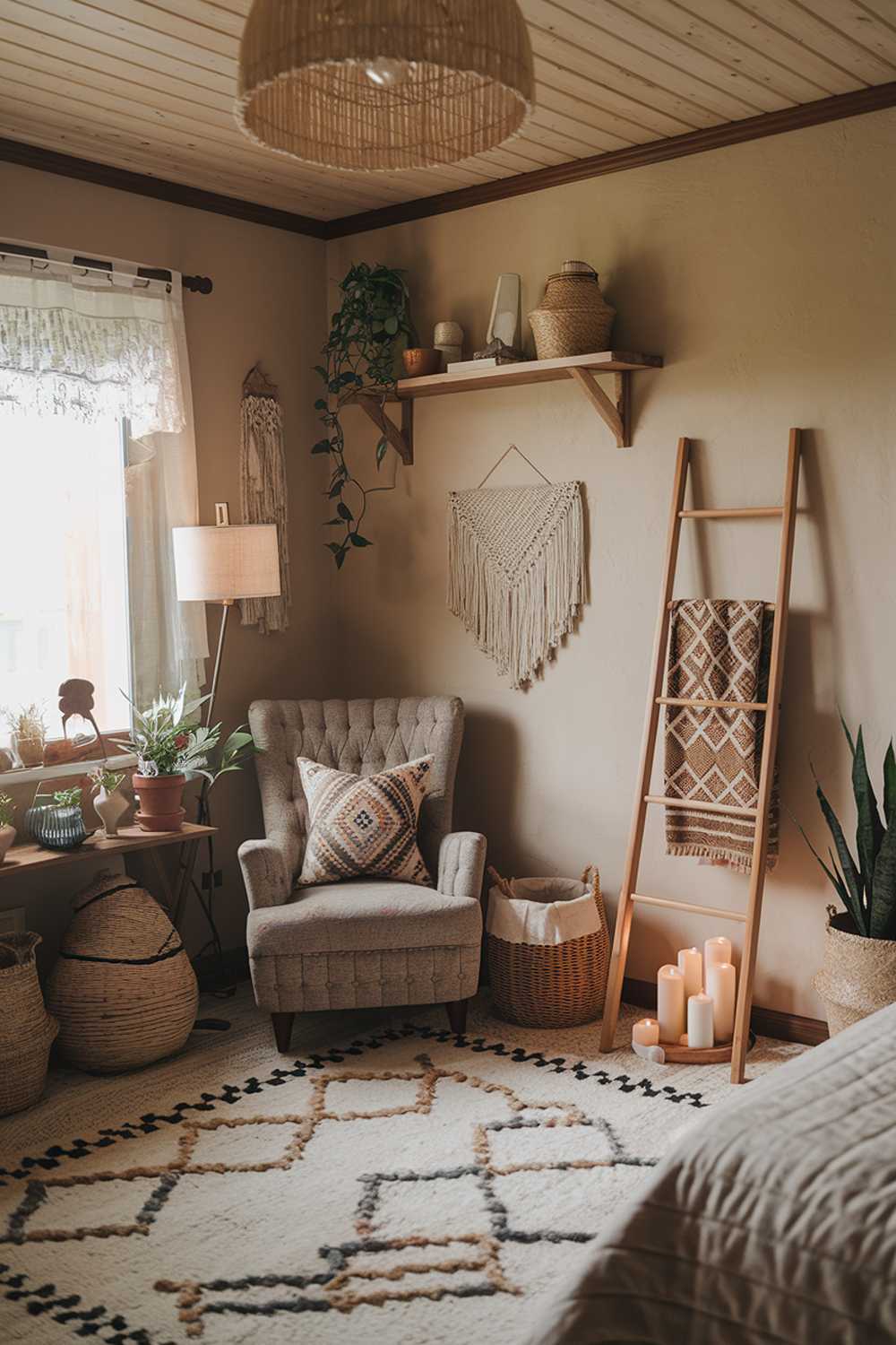 A boho bedroom decor with a stylish and highly detailed design. The room has a wooden ceiling, beige walls, and a patterned rug on the floor. There's a plush armchair with a patterned cushion and areading lamp beside it. A wooden ladder is placed against one of the walls, with a basket on top of it. The walls have a wooden shelf and a light fixture. A window with a curtain lets in natural light. There are various decorative items, such as plants, candles, and textiles, scattered around the room.