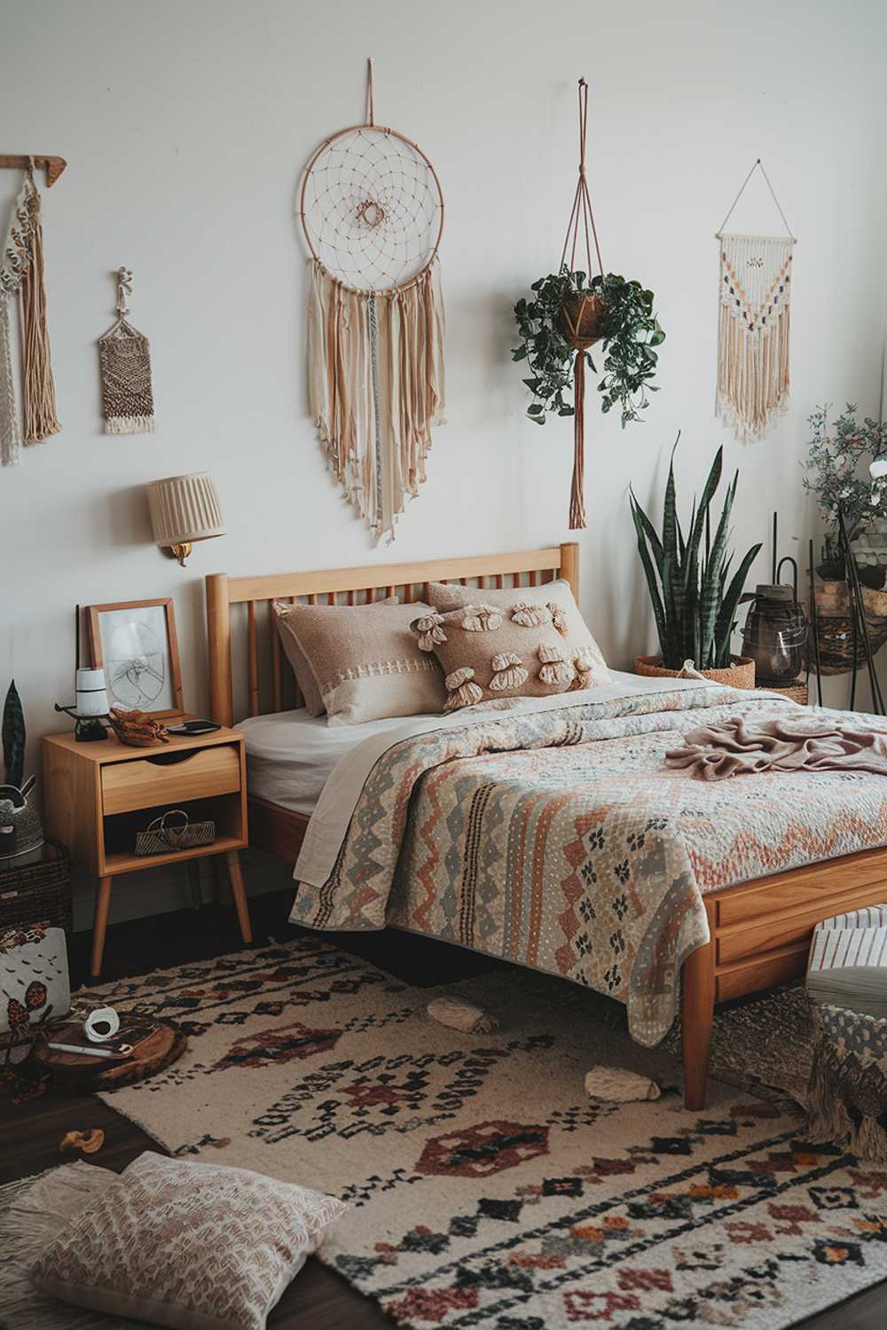 A cozy boho bedroom with a stylish decor. There's a wooden bed with a patterned quilt and multiple pillows. Beside the bed, there's a wooden nightstand with a lamp and a decorative item. On the wall above the bed, there's a dreamcatcher and a hanging plant. The floor is covered with a patterned rug. There are also a few items like a basket, a lantern, and some plants scattered around the room. The walls have some decorative items like a framed art piece and a hang string of beads.