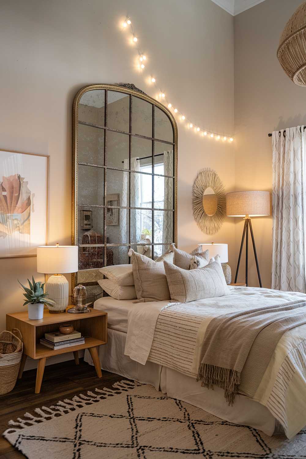 A boho bedroom decor. The room has a high ceiling and is painted in a soft beige hue. There's a large vintage mirror with a gold frame. The room contains a comfortable bed with plush pillows and a soft throw blanket. There's a wooden nightstand beside the bed, holding a lamp and a decorative item. A floor lamp with a beige shade stands in the corner. The room has a rug with a geometric pattern. The walls are adorned with a few pieces of artwork and a string of fairy lights.