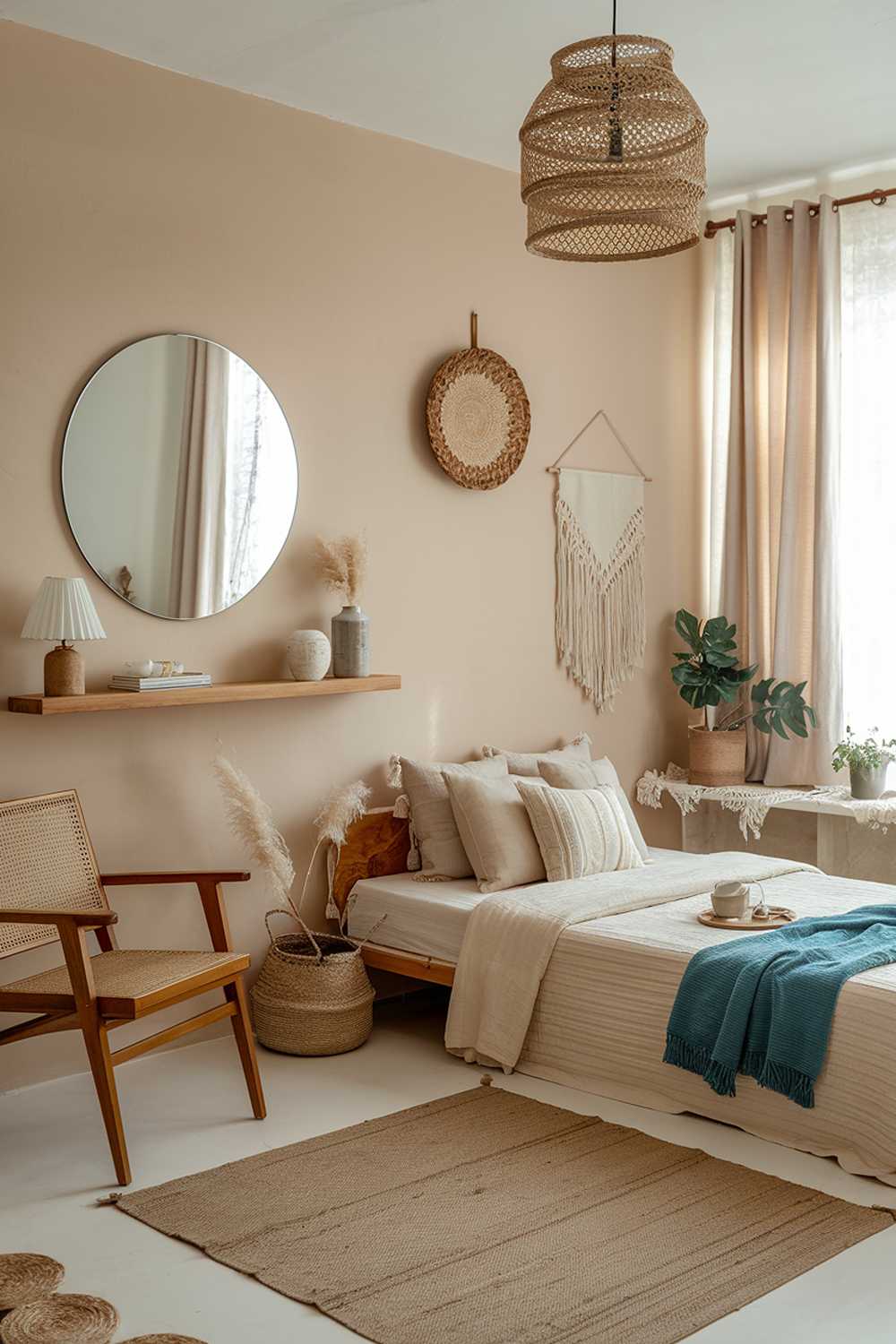 A boho bedroom decor. The room has a beige wall with a large round mirror. There's a beige rug on the floor. On the wall, there's a wooden shelf with a white lampshade and a few decorative items. The room has a wooden chair and a white table near the window. There's a white bed with beige pillows and a blue throw blanket. The bed has a wooden frame. There's a beige curtain next to the bed. The room has a few decorative items, such as a woven basket, a plant, and a few textiles.