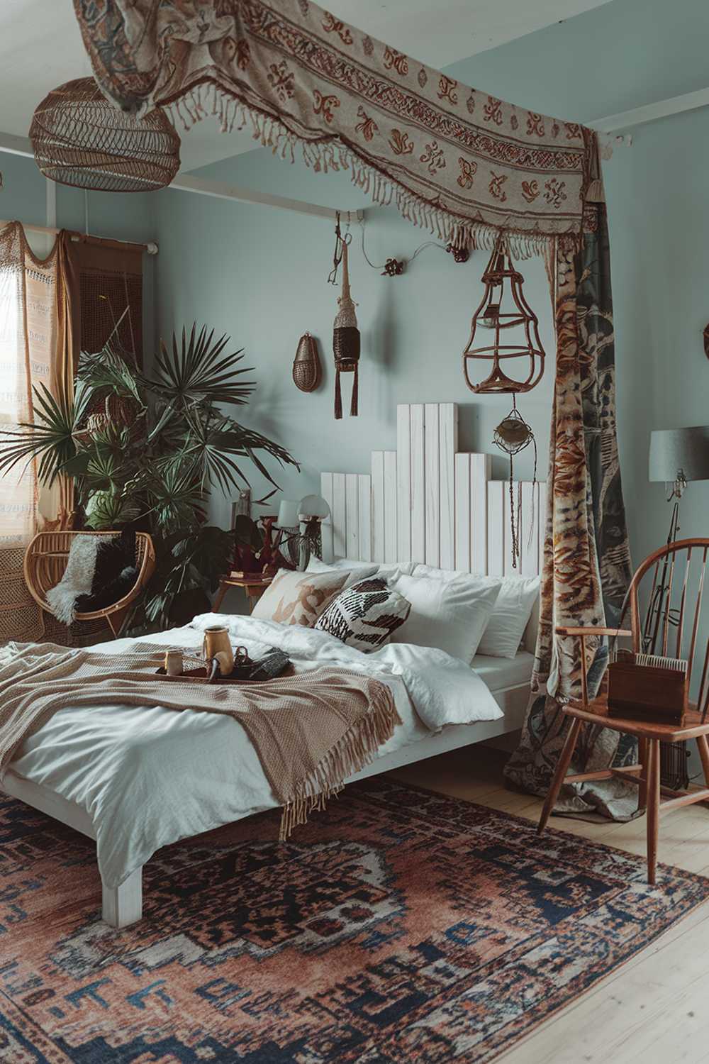 A highly detailed stylish cozy boho bedroom decor with a white wooden headboard and a vintage rug. The room has a patterned curtain, a plants, and decorative items. There's a wooden chair near the bed and a lamp on the floor. The walls are painted in a light blue shade.