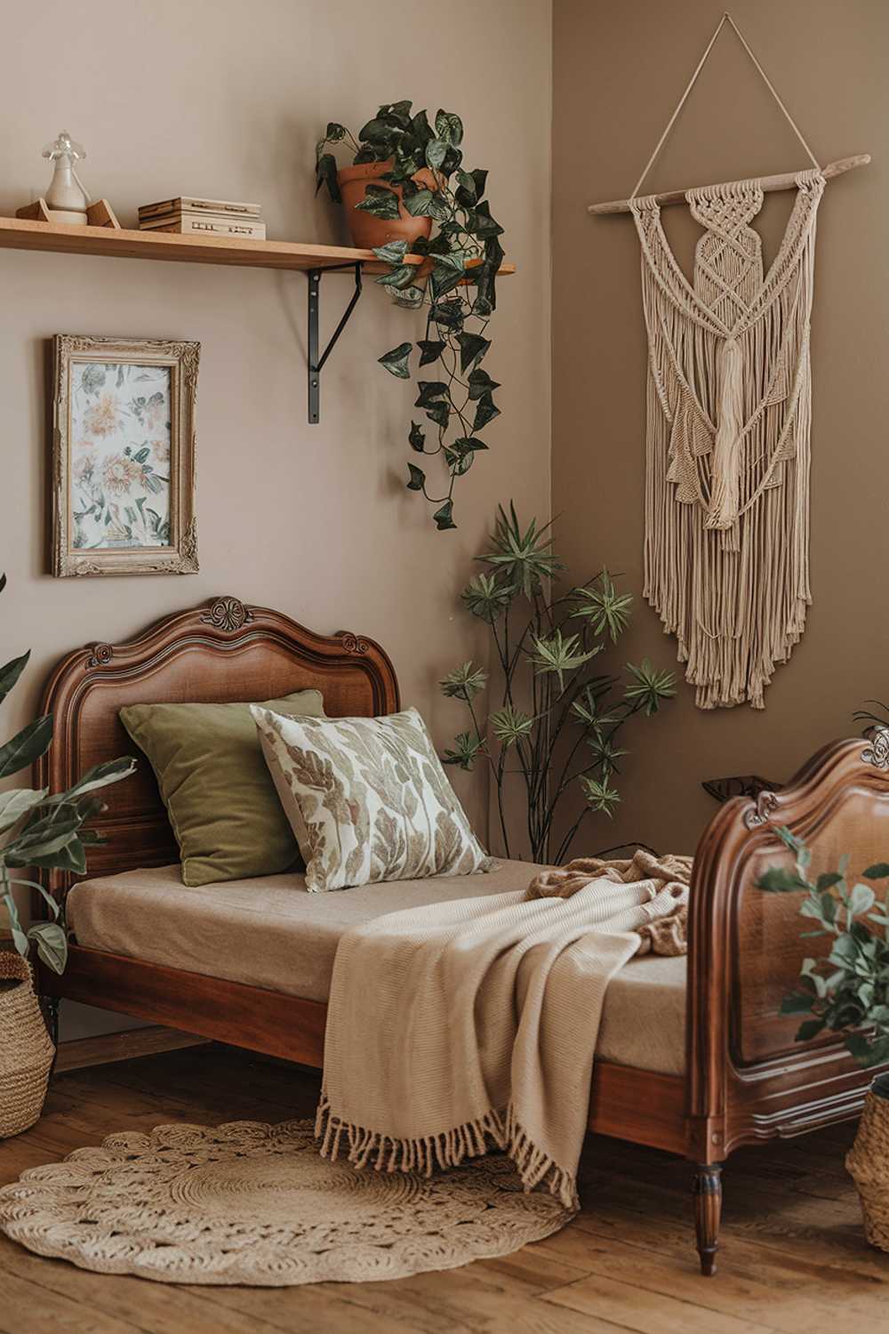 A cozy boho bedroom decor with a vintage touch. The room has a wooden floor and beige walls. There's a vintage wooden bed with a beige blanket and a green pillow. On the bed, there's a beige pillow with a floral pattern and a green pillow. Above the bed, there's a wooden shelf with a few decorative items. On the wall next to the bed, there's a vintage frame with a floral pattern. The room has a few plants, a woven rug, and a macrame wall hanging. The lighting is soft.