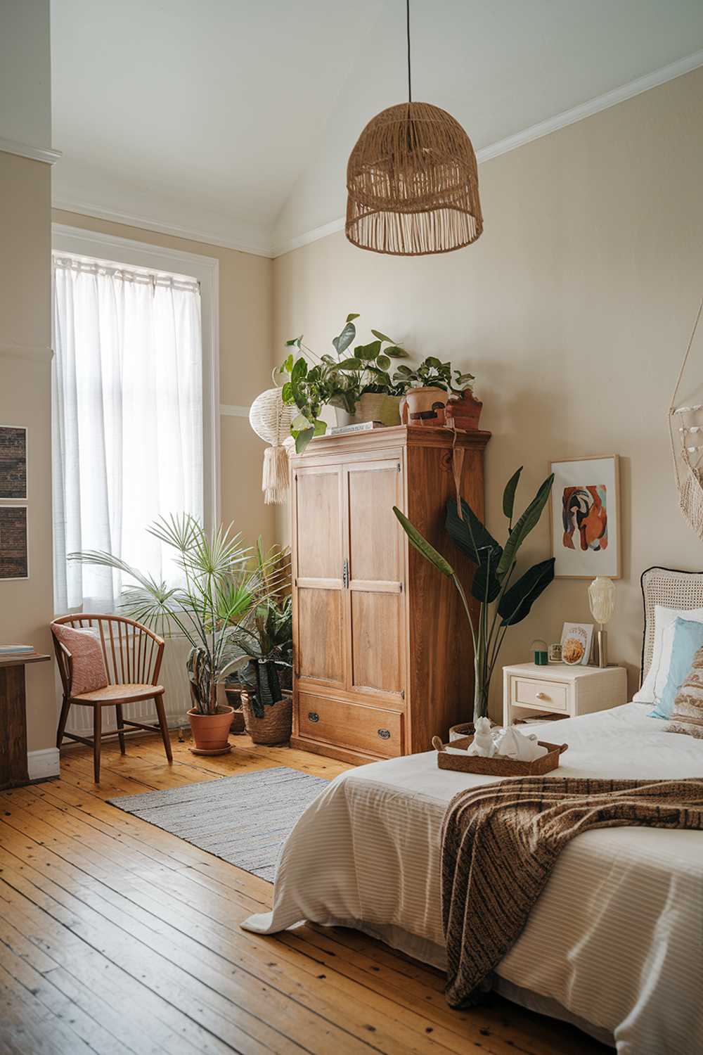 A boho bedroom decor. The room has a high ceiling and is furnished with a king-size bed, a nightstand, a large wardrobe, and a few chairs. The walls are painted in a light color. The room has a few potted plants, a lampshade, and a few decorative items. The flooring is made of wooden planks.