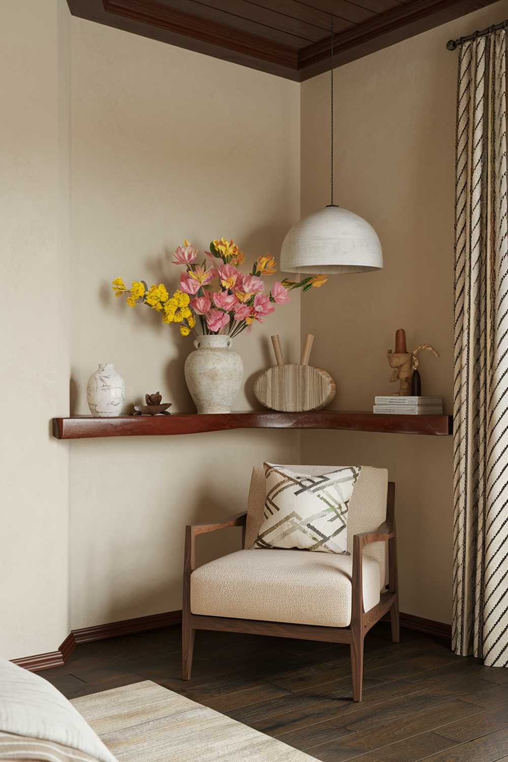 A boho bedroom decor. The room has a beige wall, a wooden ceiling, and a dark wooden floor. There is a beige chair with a wooden frame in the corner. There is a wooden shelf above the chair. On the shelf, there is a white vase with pink and yellow flowers, a white lampshade, a beige cushion, and a few decorative items. The room has soft lighting.