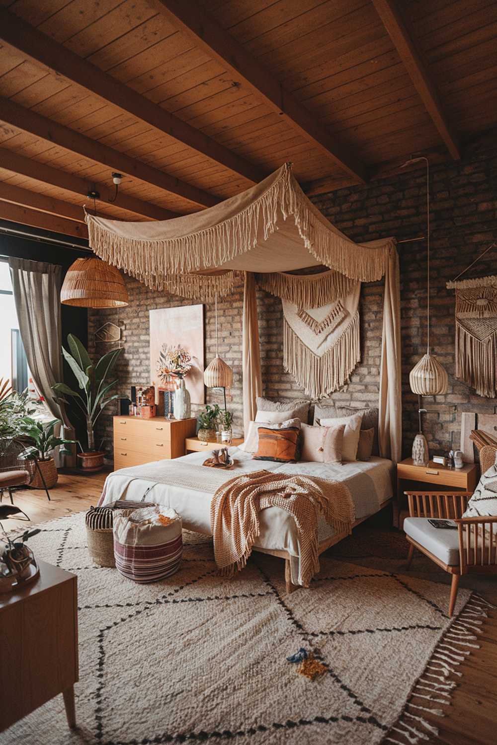 A cozy boho bedroom with a stylish decor. The room has a wooden ceiling and exposed brick walls. There's a large, comfortable bed with soft pillows. The bed has a canopy made of woven materials. The floor is covered with a large rug. There are several pieces of furniture, including a dresser, a nightstand, and a chair. The room is adorned with decorative items, such as plants, a lampshade, and a wall hanging.