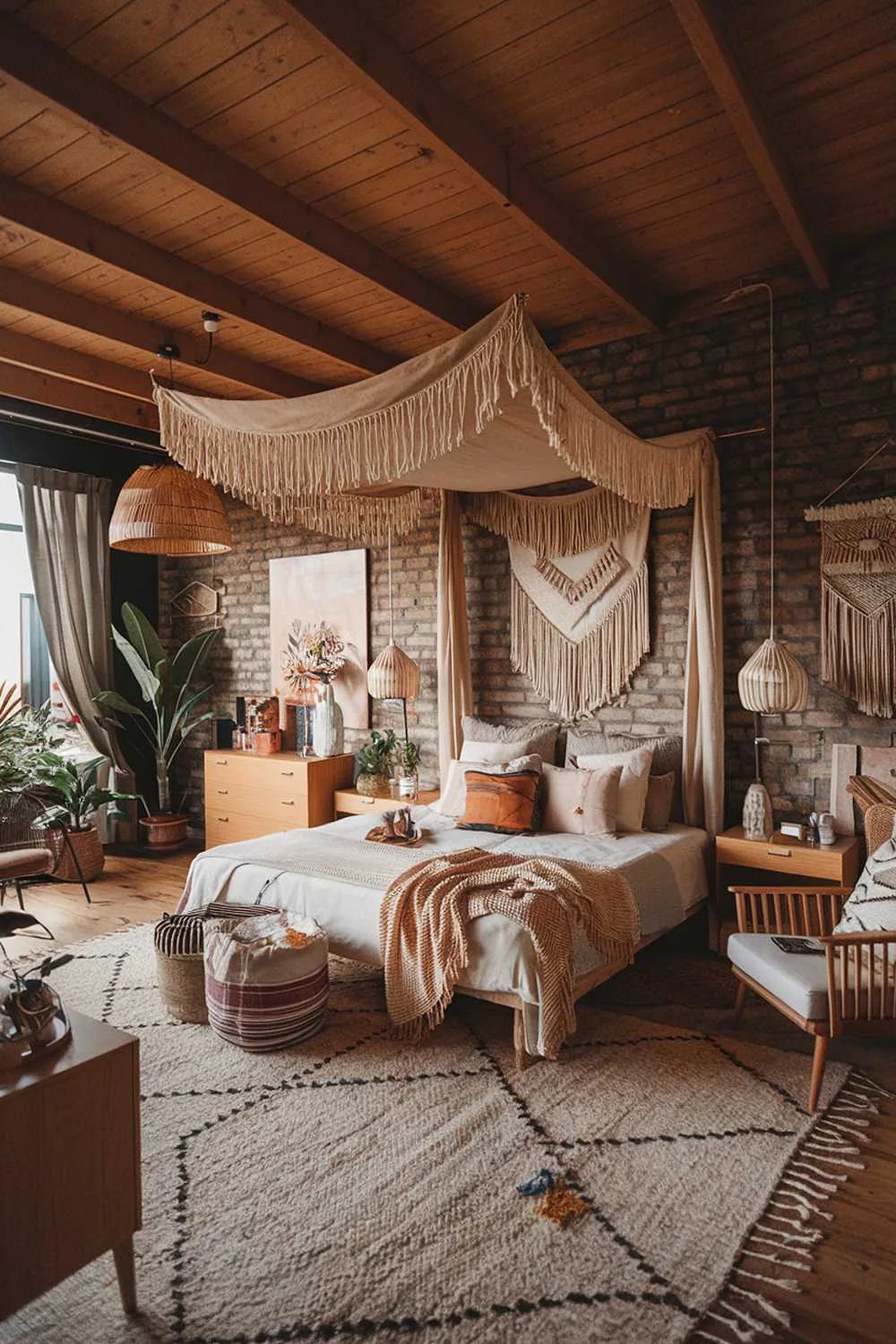 A cozy boho bedroom with a stylish decor. The room has a wooden ceiling and exposed brick walls. There's a large, comfortable bed with soft pillows. The bed has a canopy made of woven materials. The floor is covered with a large rug. There are several pieces of furniture, including a dresser, a nightstand, and a chair. The room is adorned with decorative items, such as plants, a lampshade, and a wall hanging.