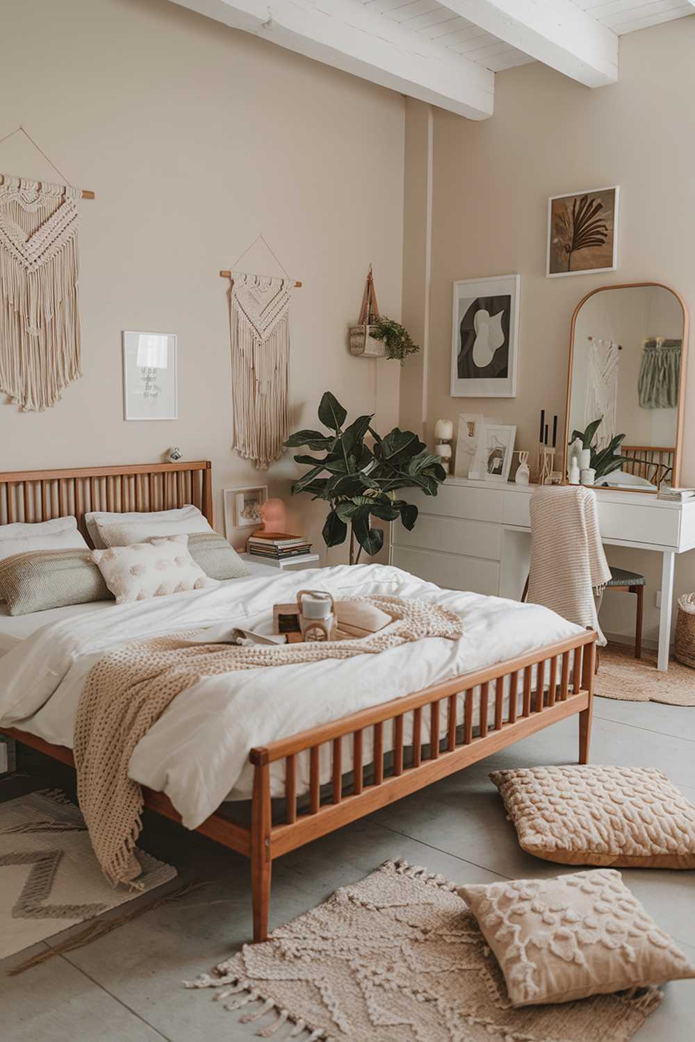 A cozy boho bedroom with stylish decor. The room features a wooden bed frame with a white duvet and multiple pillows. There's a beige rug on the floor. A white dresser with a mirror and a few decorative items is placed near the bed. A green plant sits on the dresser. The walls are painted a soft beige. There are various decorative items scattered throughout the room, including a macrame wall hanging, a few candles, and a few framed pictures.