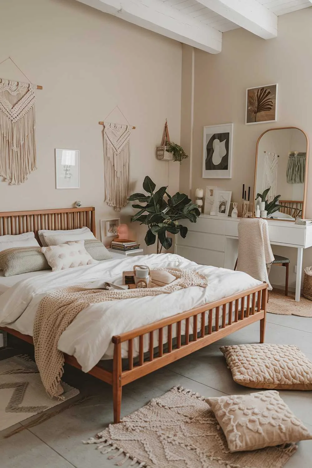 A cozy boho bedroom with stylish decor. The room features a wooden bed frame with a white duvet and multiple pillows. There's a beige rug on the floor. A white dresser with a mirror and a few decorative items is placed near the bed. A green plant sits on the dresser. The walls are painted a soft beige. There are various decorative items scattered throughout the room, including a macrame wall hanging, a few candles, and a few framed pictures.