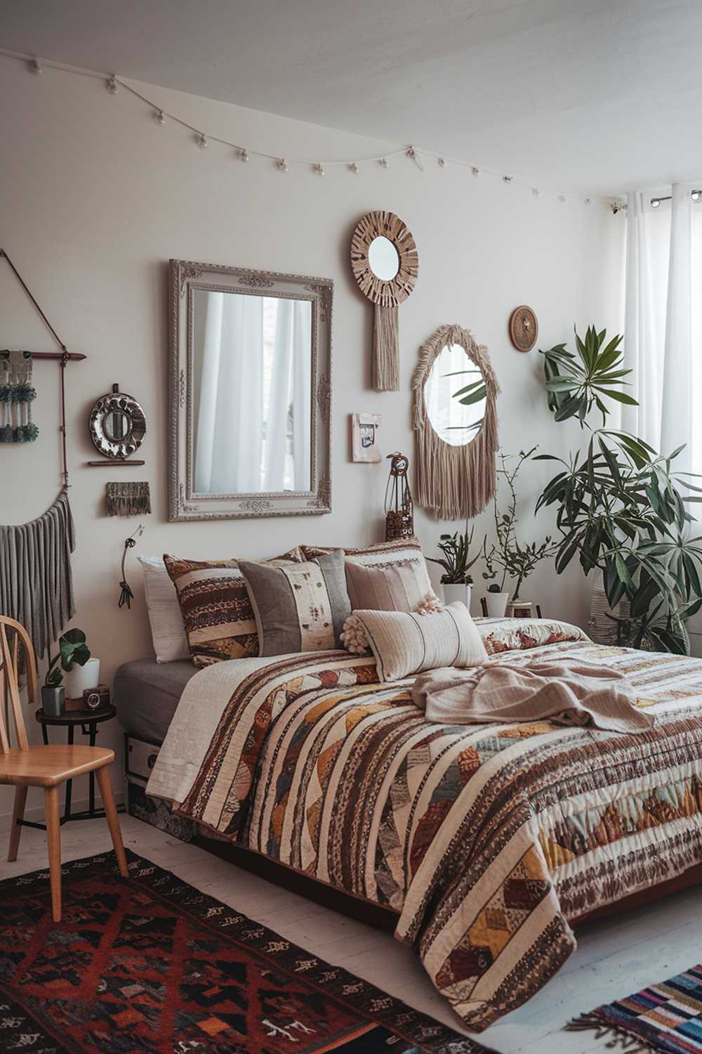 A boho bedroom with a high level of detail. The room features a large bed with a patterned quilt and multiple pillows. There are various decorative items on the wall, including a large frame, a mirror, and a string of lights. A plant sits on the floor. The room has a wooden chair and a small table. The floor is covered with a patterned rug.