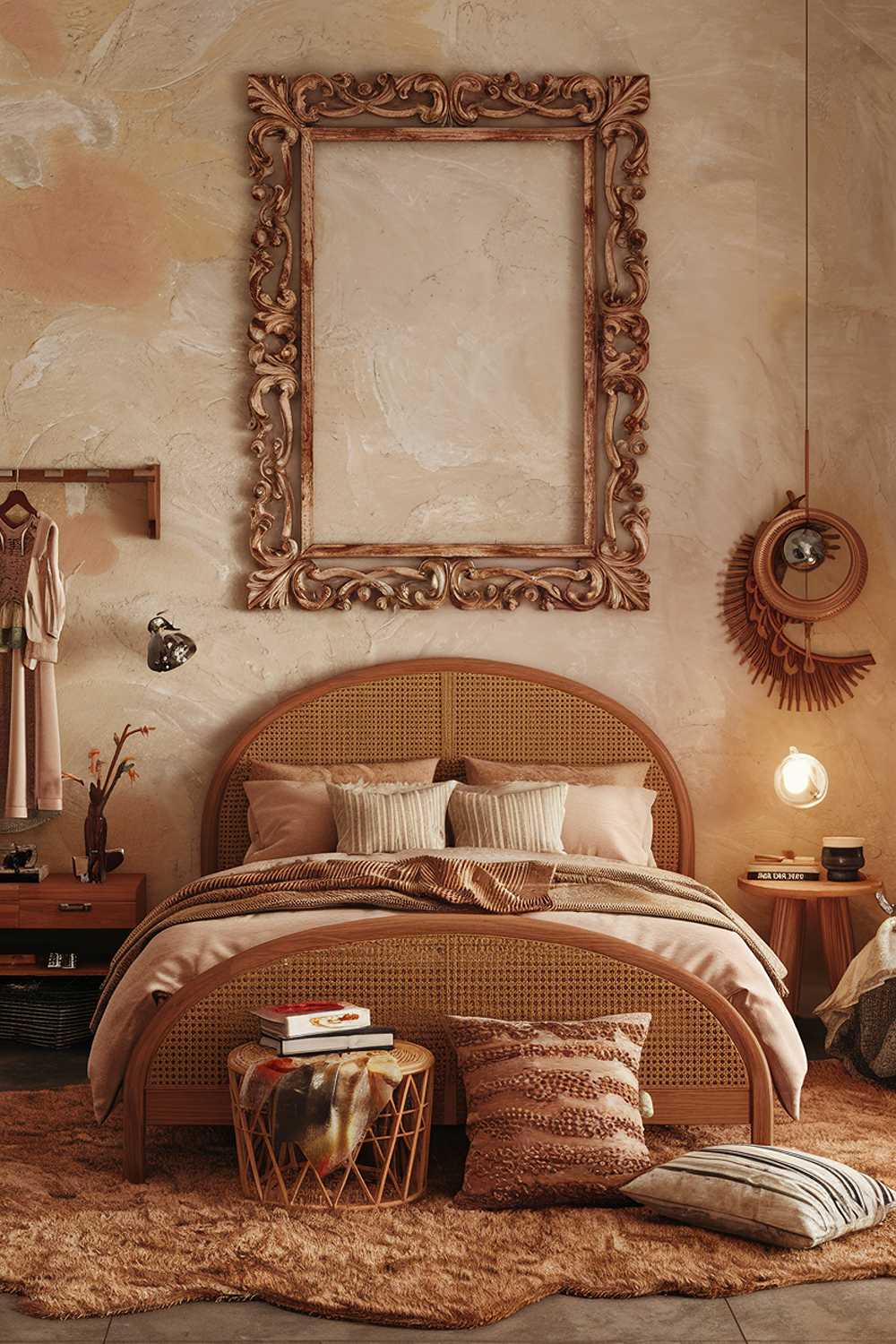 A boho bedroom decor. The room has a warm color palette with earthy tones. There's a wooden bed with a woven texture, a plush rug, and a few pillows at the foot of the bed. On the wall above the bed, there's a large, intricate wooden frame with a vintage look. The room has a few pieces of furniture, including a nightstand with a lit lamp, a dress, and a few decorative items. The floor is covered with a plush rug.