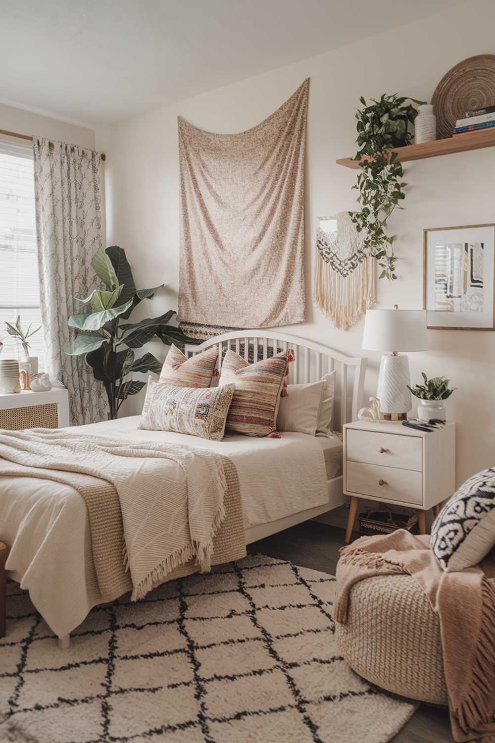 A boho bedroom decor. The room has a white wooden bed frame with a beige blanket and a variety of colorful pillows. There's a white wooden nightstand beside the bed with a lamp. The room has a beige rug, a white wooden shelf with decorative items, and a plant. The walls are adorned with a tapestry and a few pieces of wall art. The room has a few throw blankets and a plush chair. The overall decor style is bohemian, with a mix of textures and colors.