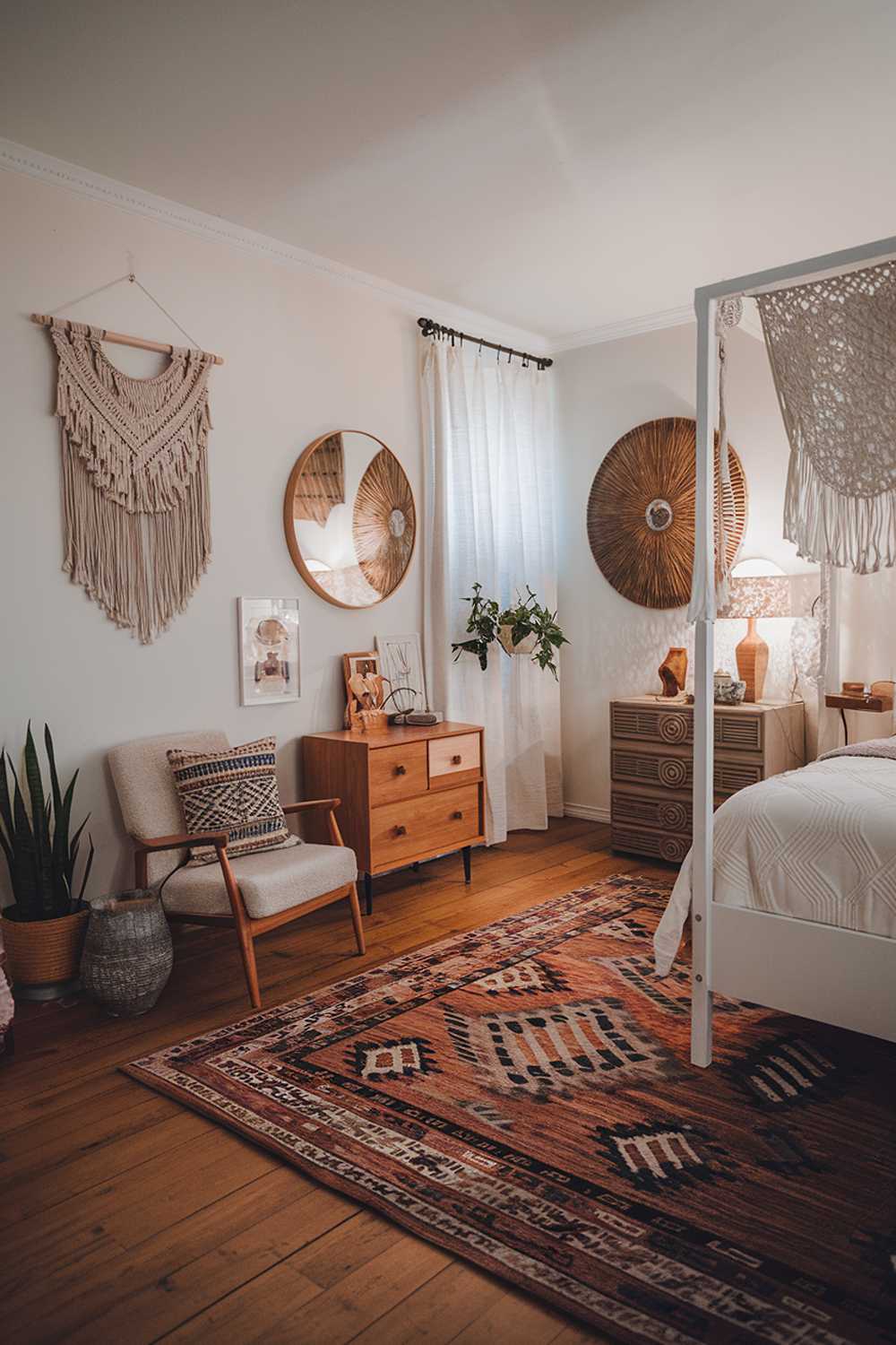 A cozy boho bedroom with a high attention to detail. The room features a wooden floor, a white four-poster bed with a macrame wall hanging above it. There is a large, patterned rug under the bed. The walls are adorned with multiple pieces of wall art, including a large, round mirror. A wooden dresser with drawers and a lamp are placed near the bed. A cozy armchair with a patterned cushion is placed near the window. The window has a white curtain. A plant is placed on the floor. The room is illuminated by soft lighting.