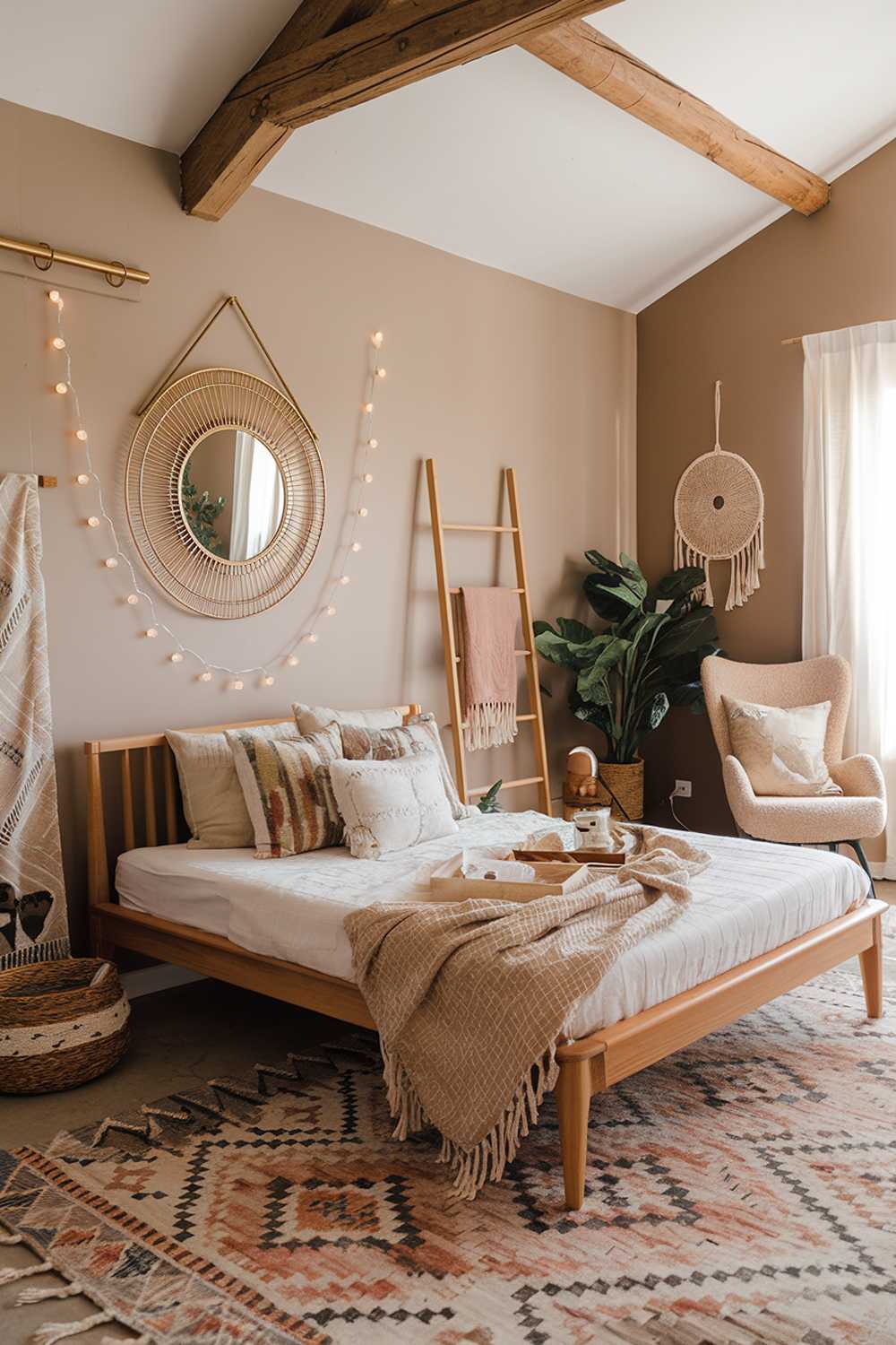 A cozy boho bedroom with a stylish decor. The room has a beige wall, a wooden beam on the ceiling, and a patterned rug on the floor. There is a wooden bed with a white bedsheet and multiple pillows. On the wall, there is a round mirror with a gold frame and a string of fairy lights. The room also has a beige chair, a wooden ladder, and a plant.